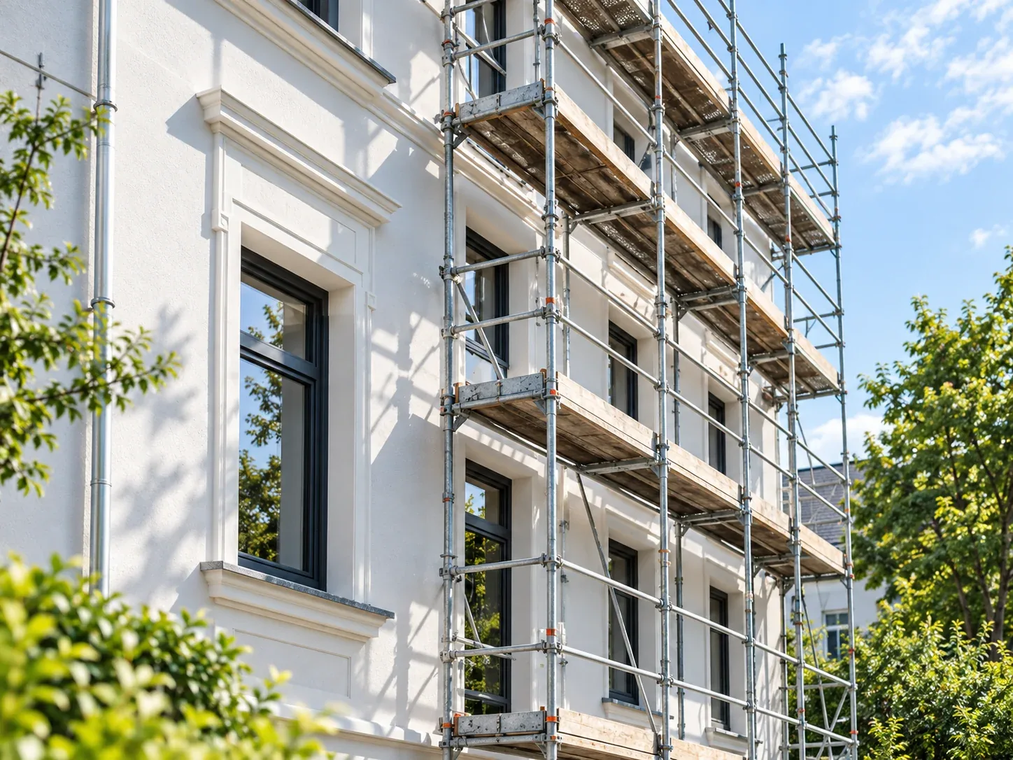 Illustrative sanierte Fassade mit Gerüst und klaren Fassadenlinien