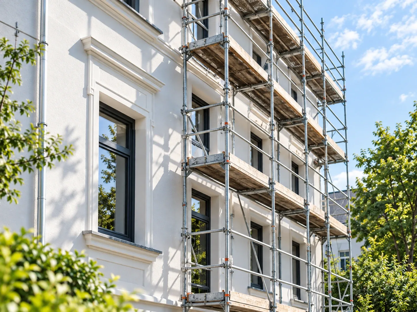 Illustrative Gebäudefassade mit Gerüst während der Sanierung